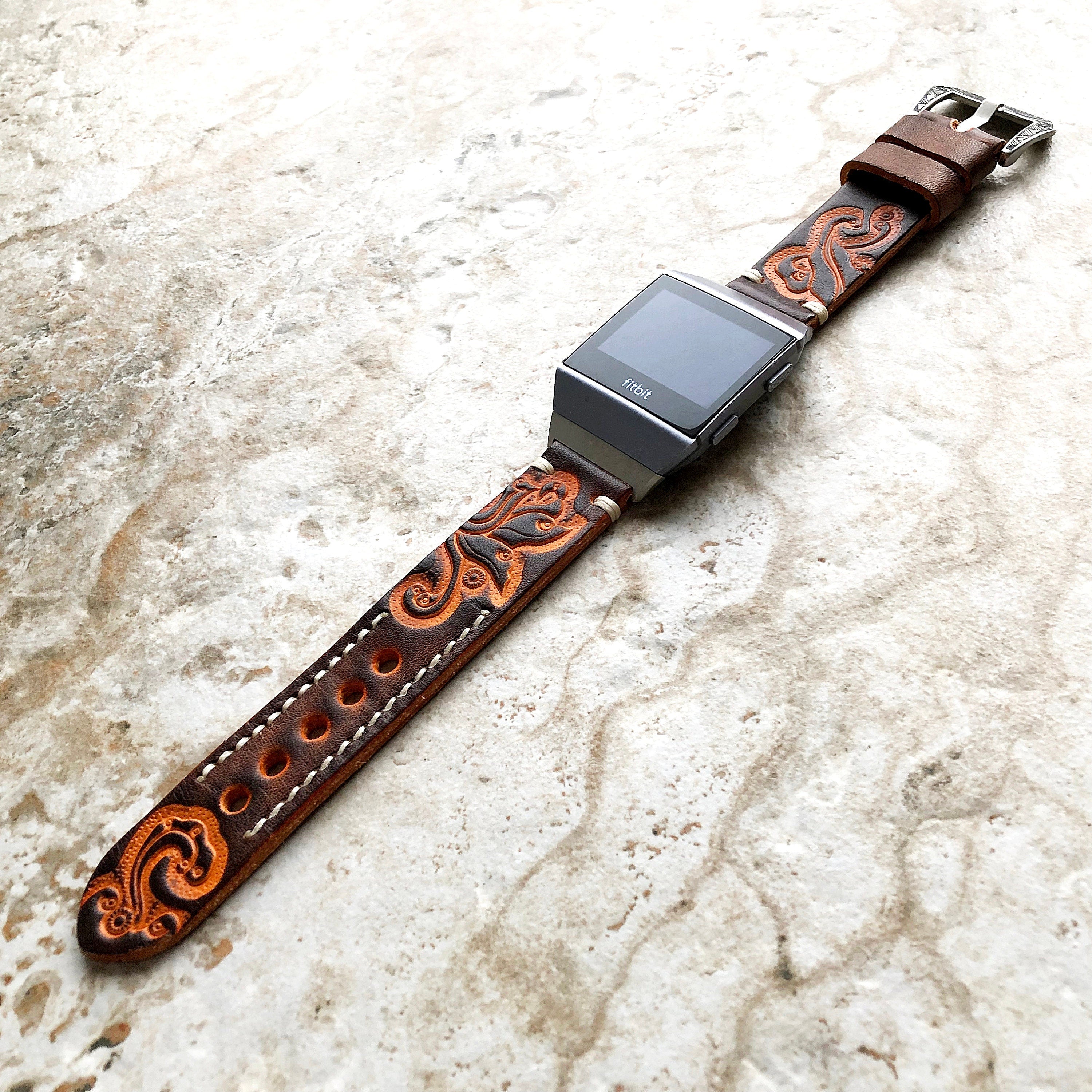 Fitbit Ionic Brown Orange Tooled Embossed Handmade Leather Bracelet for Watch Band Strap with Quick Release Adapters Silver Rose Gold Black